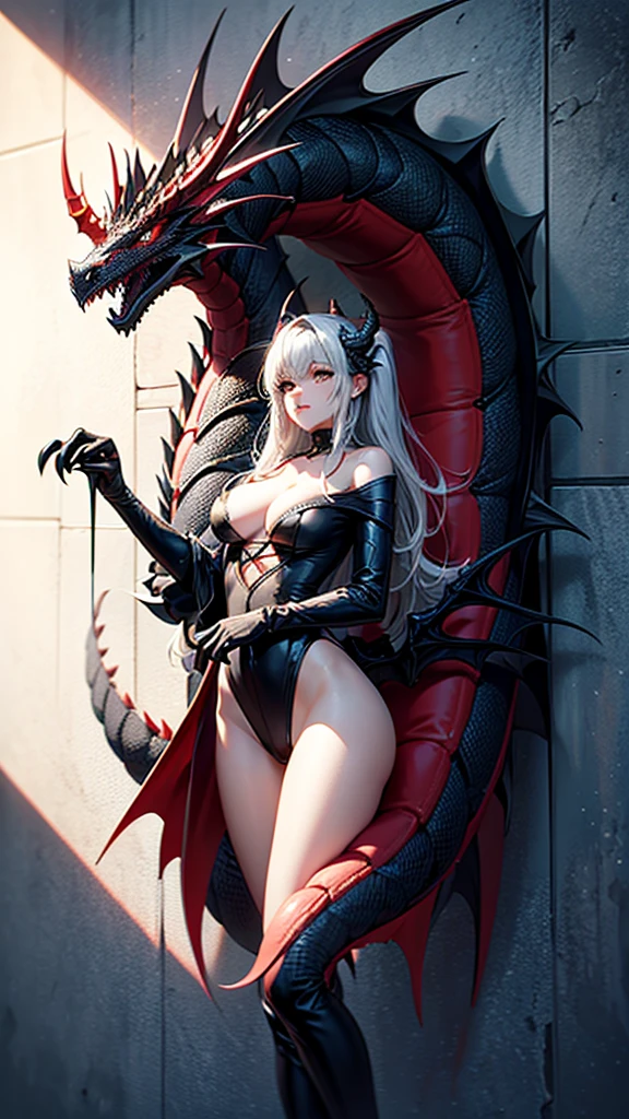 Vector digital art, centralized image in an amazing illustration of a charming sensual perfect girl in black and white only, with the only piece in color being a red accessorie but just one and nothing else, in the center of this piece of art is the majestic hyperdetailed dragon,  professional style, wall art