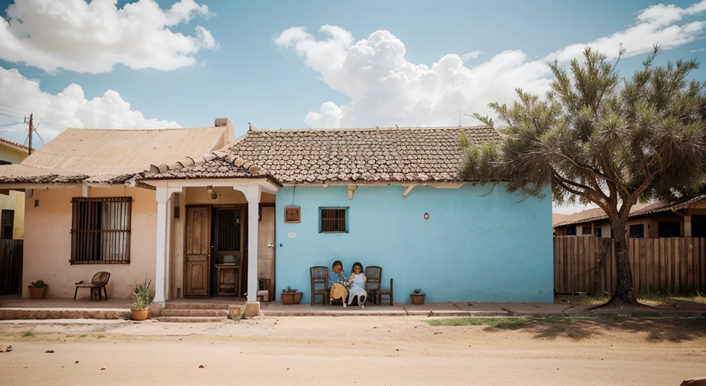 Create a scene of a quaint small-town house in the arid climate of Northeast Brazil, capturada em estilo vintage envelhecido. The image should have faded colors and subtle grain to evoke an old photograph. and a family having lunch in the kitchen