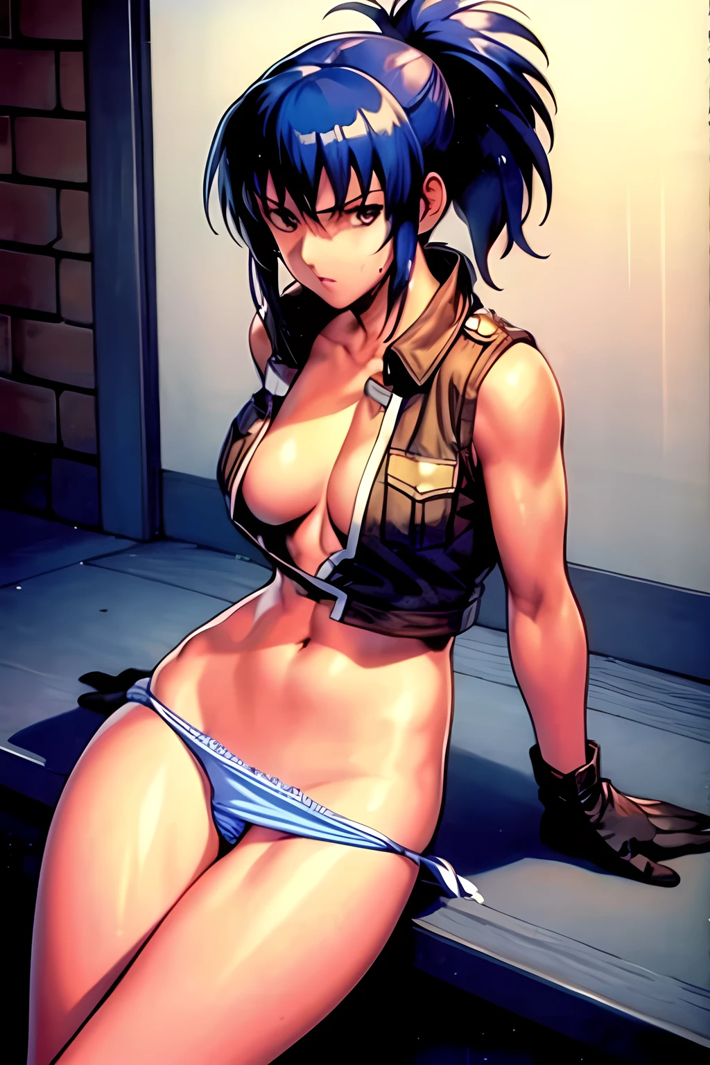 masterpiece, best quality, anime 1990s \(style\, leona heidern, naked chest, fully open vest, thong, panty ,desert, army, pony tail, wet, serious, soldier, gloves.