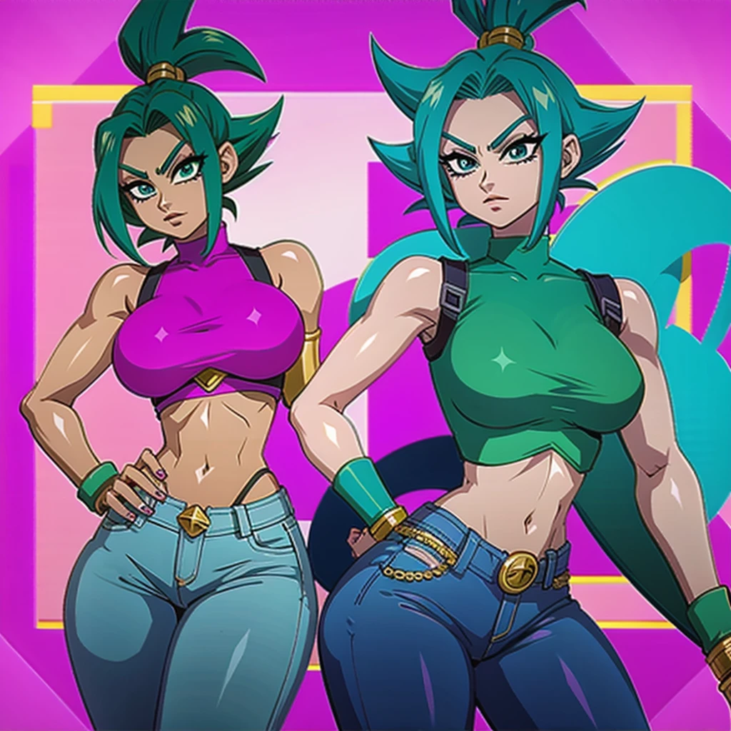 kefla from dragon ball super ,wearing jeans and crop top,having natural  Breast and big eyes ,green spike 
 hair ,