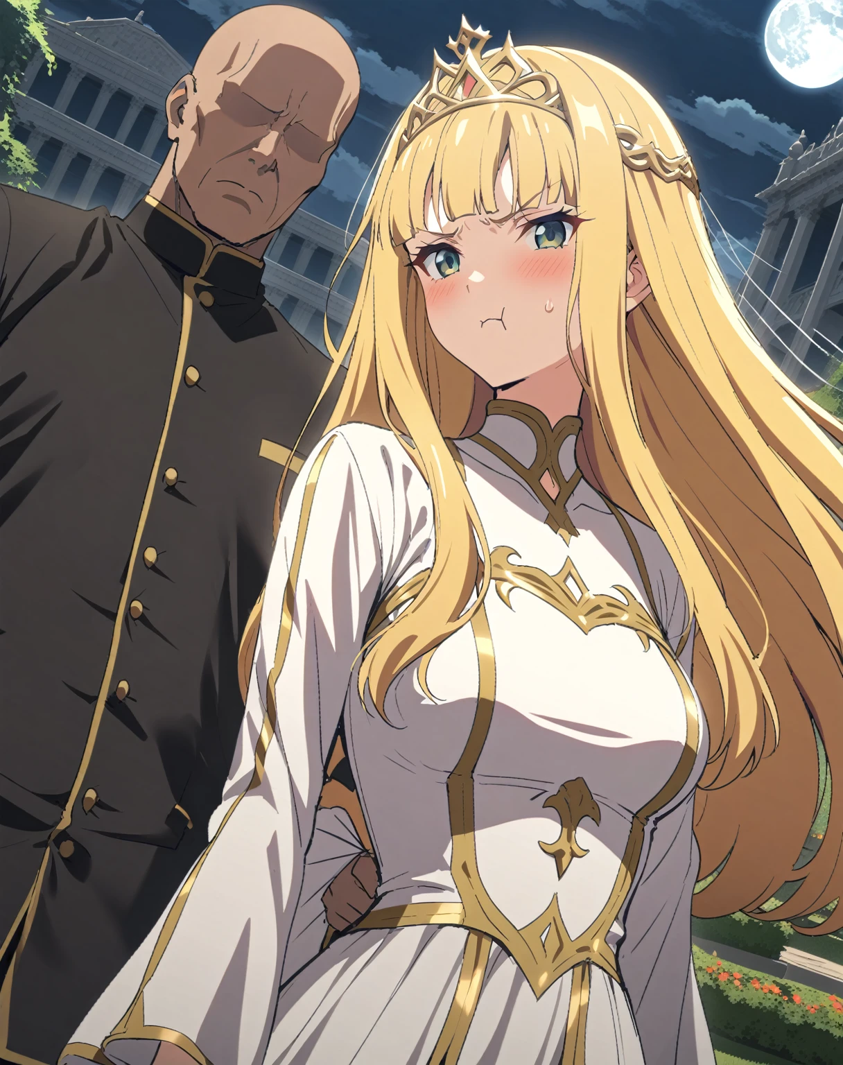 {{face focus, dutch angle}} {{Artist: Sincos}} 1 woman, 2 guards on either side restraining her, 2 men wearing armor, mature female, elegant, princess, medium breasts, straight hair, golden hair, long hair, hime cut, green eyes, white dress, gold trim, tiara, looking to side, pout, restrained by two men, faceless male, outdoors, garden, palace, cloudy, moonlight, window.