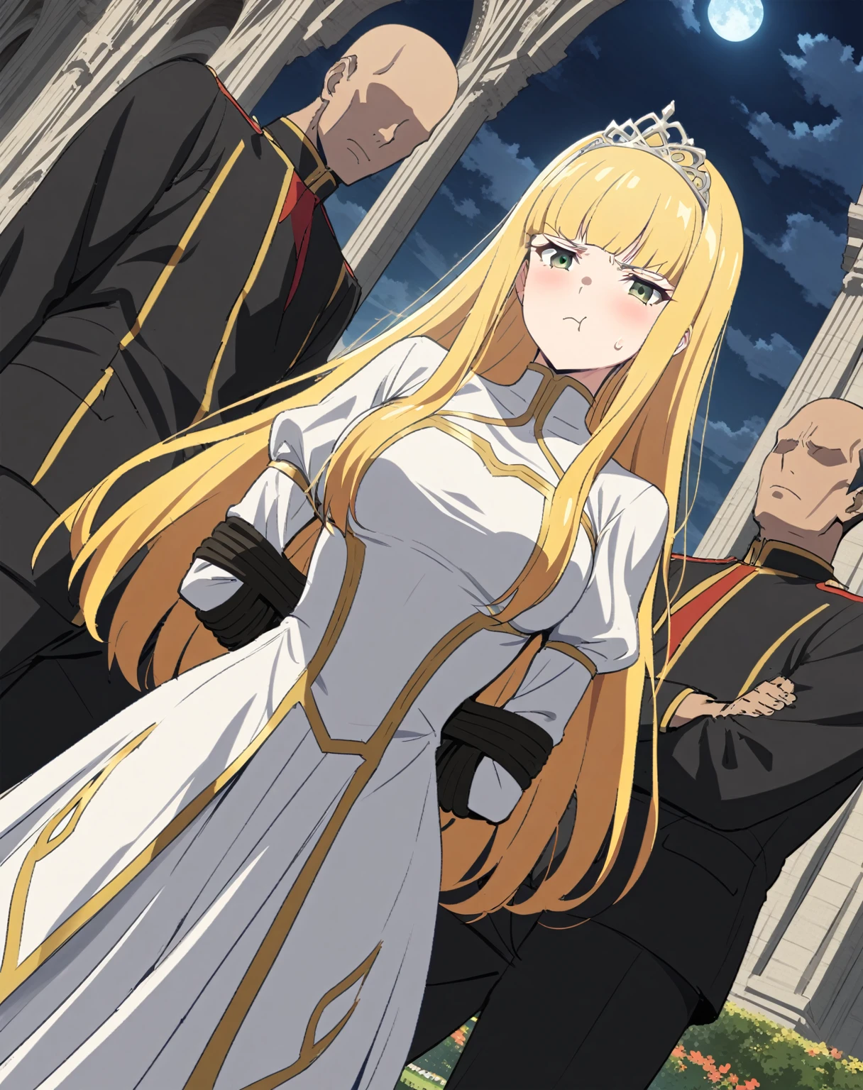 {{portrait, dutch angle}} {{Artist: Sincos}} 1 woman, 2 guards on either side restraining her, 2 men wearing armor, mature female, elegant, princess, medium breasts, straight hair, golden hair, long hair, hime cut, green eyes, white dress, gold trim, tiara, looking to side, pout, restrained by two men, faceless male, outdoors, garden, palace, cloudy, moonlight, window.