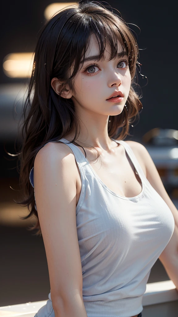 (UHD, retina, masterpiece, accurate, anatomically_correct, textured_skin, super_detail, high_details, high_quality, best_quality, high_res, 1080P, HD, 4K, 8k, 16k), (beautiful_detailed_eyes, beautiful_detailed_lips, extremely_detailed_eyes_and_face), soft_lighting, physically-based_rendering, vivid_colors, (large_breasts:1.5), (shiny_hair, shiny_skin, tanned_skin), eye_reflection, (bangs:1.5), (splash_curl:1.2), (bokeh), semi-profile_view, (tank_top:1.5), nipples,