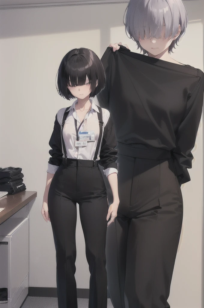 (((((shy girl))))), ((((shy posture)))), (((((1 Girl))))), (((standing up straight))), (((full body))), ((((flat chested)))), ((amber-colored irises on her eyes)), ((((Mikoto Urabe Mysterious Girlfriend X anime style haircut)))), ((((((((hair bangs over eyes)))))))), ((((eyes behind hair)))), (((black short messy bob-cut))), ((((((eyes not visible due to being covered by hair bangs)))))), ((((eyes not visible due to be hidden by hair bangs)))), ((((black high-waist long slacks)))), ((black suspenders)), (((black tie))), (((women's dress shirt))), ((women's dress shoes)), (((20-year-old Office Lady))), ((((Office Setting)))), (((name tag labeled in English, "Kaiden")))