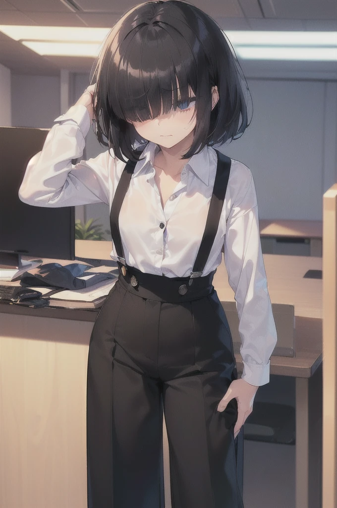 (((((shy girl))))), ((((shy posture)))), (((((1 Girl))))), (((standing up straight))), (((full body))), ((((flat chested)))), ((amber-colored irises on her eyes)), ((((Mikoto Urabe Mysterious Girlfriend X anime style haircut)))), ((((((((hair bangs over eyes)))))))), ((((eyes behind hair)))), (((black short messy bob-cut))), ((((((eyes not visible due to being covered by hair bangs)))))), ((((eyes not visible due to be hidden by hair bangs)))), ((((black high-waist long slacks)))), ((black suspenders)), (((black tie))), (((women's dress shirt))), ((women's dress shoes)), (((20-year-old Office Lady))), ((((Office Setting)))), (((name tag labeled in English, "Kaiden")))