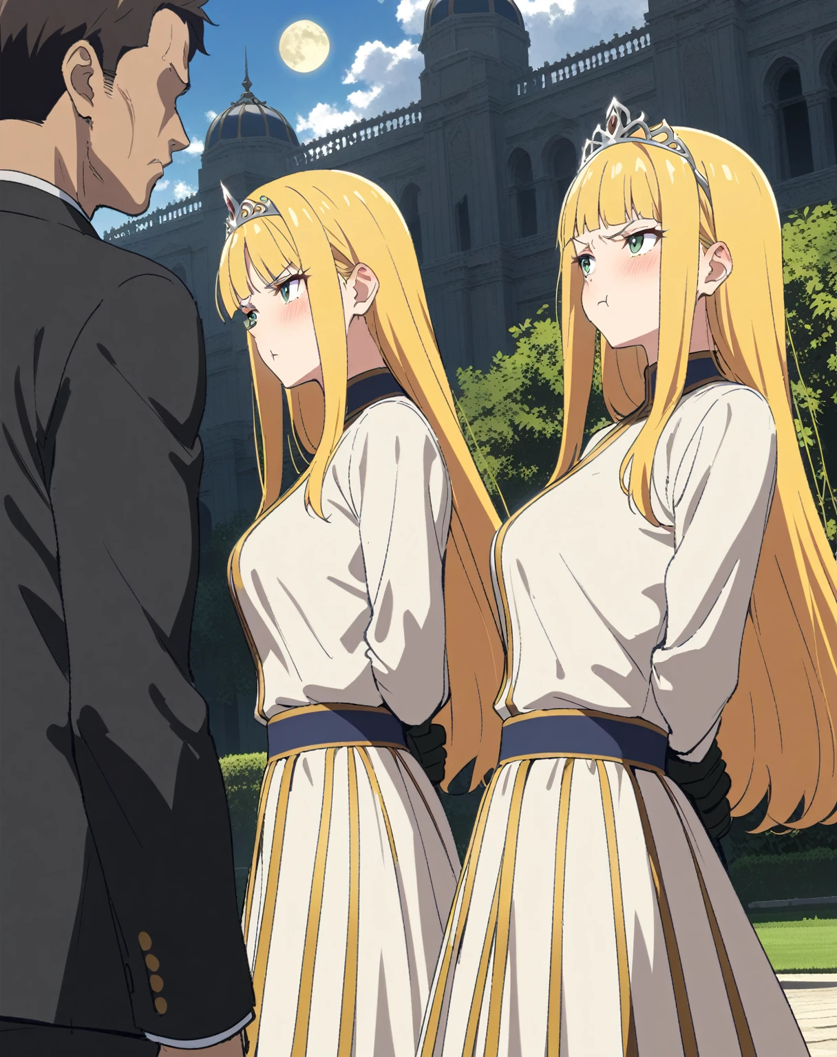 {{upper body, dutch angle}} {{Artist: Sincos}} 1 woman, 2 guards on either side restraining her, 2 men wearing armor, mature female, elegant, princess, medium breasts, straight hair, golden hair, long hair, hime cut, green eyes, white dress, gold trim, tiara, looking to side, pout, restrained by two men, faceless male, outdoors, garden, palace, cloudy, moonlight, window.
