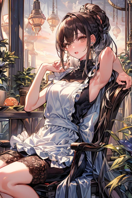 (from below:1.2),(from side:0.6),(Close-Up:0.4), (A masterpiece of image quality in 8K),(Beautiful Allafed Woman),(((emphasizing breasts:1.1))),(Dynamic angles),(Dynamic and sexy bending pose:1.3),(sit a chair:1.2),(Short hair in shiny silver and orange inner colors,small full breasts,Disturbance of clothing due to movement,breast slip,(Ponytail twisted buns adorned with elaborate braids and beads,Braided Setup Fishbone Hair:1.2),(see-through bangs),small breasts,(((A brown lace apron that shows your bare skin from under your small breasts.......)))、garters,Blush with embarrassment、Enraptured eyes、 little open mouth,A smile that beguiles the viewer、(Look back:1.2)、Look into the photographer,skin glistening with sweat,gazing at viewer,,(Professional Lighting),(masutepiece,top-quality,Ultra-high resolution output image,),(Ultra HD with complex detail image modes),depth of fields,Beautiful hands,Beautiful fingers,Detailed finger features,(Detailed hair features:1.7),detailed facial features,detailed clothes features,
