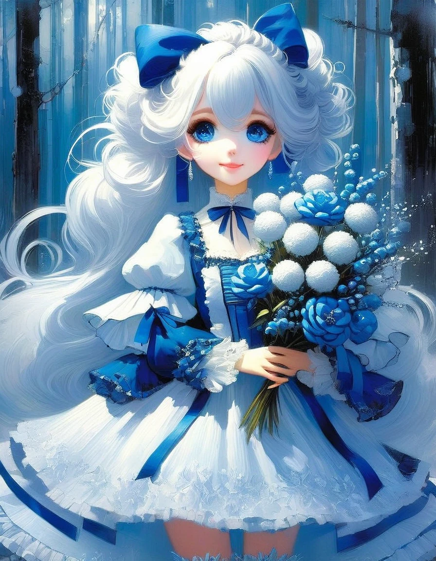 {blue and white theme}, 1girl, solo, alone, smiling, blue gothic lolita dress, (white hair, weavy long hair with blue ribbon:1.3), blue sapphire eyes, gems, jewelry, wide sleeves, holding bouquet of crystal flower, outdoors, frozen, forest, full body, masterpiece, highest quality, ultra detailed, Soft light, (rime:1.3), (crystal flower:1.3),(art inspired by Bill Sienkiewicz). oil painting, details of brush strokes that enhance depth)
