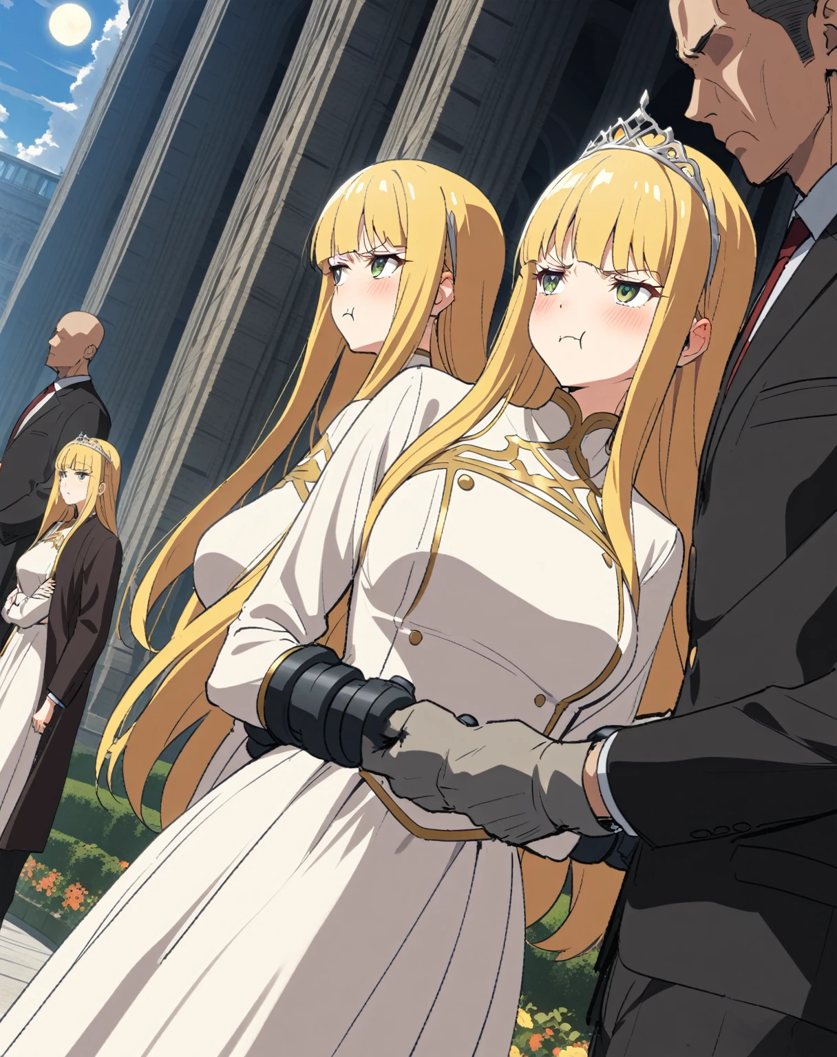 {{upper body, dutch angle}} {{Artist: Sincos}} 1 woman, 2 guards on either side restraining her, 2 men wearing armor, mature female, elegant, princess, medium breasts, straight hair, golden hair, long hair, hime cut, green eyes, white dress, gold trim, tiara, looking to side, pout, restrained by two men, faceless male, outdoors, garden, palace, cloudy, moonlight, window.
