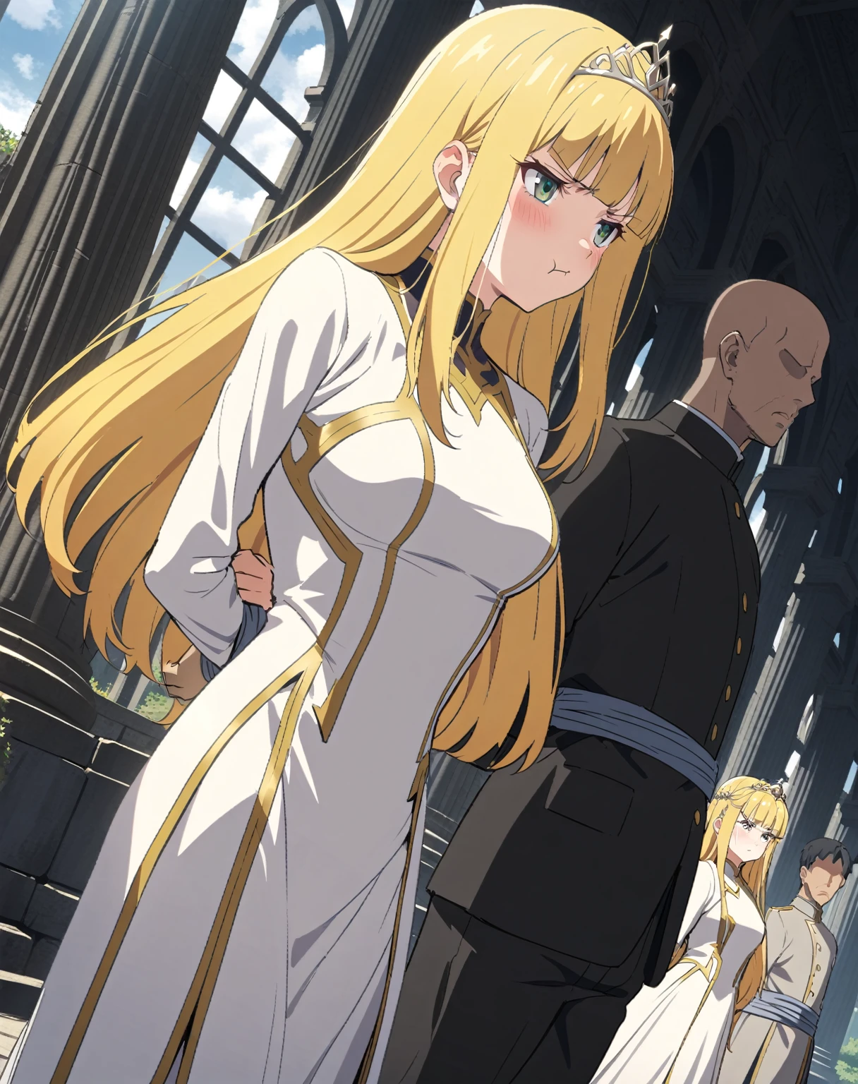 {{upper body, dutch angle}} {{Artist: Sincos}} 1 woman, 2 guards on either side restraining her, 2 men wearing armor, mature female, elegant, princess, medium breasts, straight hair, golden hair, long hair, hime cut, green eyes, white dress, gold trim, tiara, looking to side, pout, restrained by two men, faceless male, outdoors, garden, palace, cloudy, moonlight, window.
