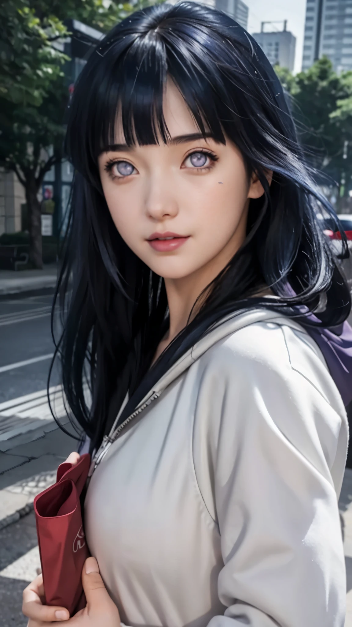 a close up of a person with long hair and a hoodie, hinata hyuga, hinata hyuga from naruto, from naruto, as an anime character, perfect anime face, she has dark blue hair with bangs, female anime character, anime character, anime best girl, hime cut hairstyle, dark blue hair, (red glossy lips:1.3), light purple eyes, smile, (beautiful face:1.3)