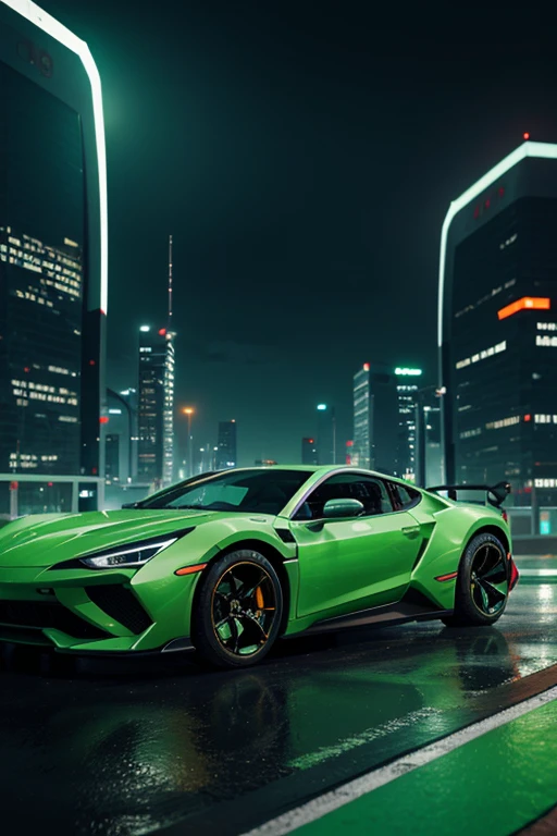 Create an illustration of a Car, cyberpunk style. Green car. Bright. Standing in a modern metropolis . Position - sideways. The background is bright, clear .  Picture style - sporty.