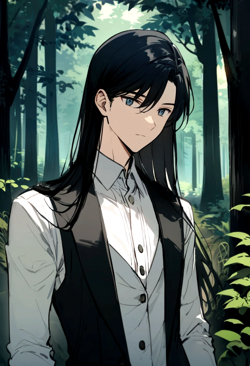 anime boy, shoulder-length straight black hair, forest background, white button-up