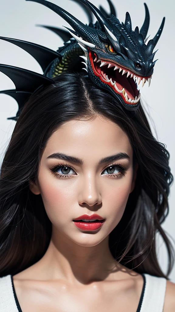 Vector digital art, centralized image in an amazing illustration of a charming sensual perfect girl in black and white only, with the only piece in color being a red accessorie but just one and nothing else, in the center of this piece of art is the majestic hyperdetailed dragon, professional style, wall art