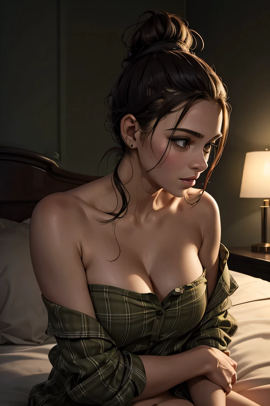 A portrait of Jodie Holmes from Beyond: Two Souls looking pensively out of a rain-streaked window. She has short brown hair and wears sexy lingerie. His eyes look sad and distant as the rain falls outside. The room behind her is dimly lit with a comfortable armchair and shelves of books