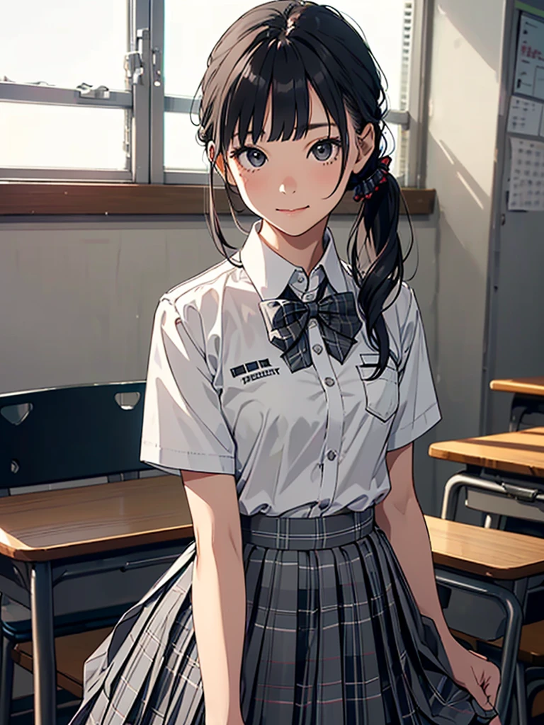 (1 girl, Solo, Japanese girl), 14 years old,Best Quality, masutepiece, 8K, High resolution, Ultra-detailed, black hair, lower ponytail, blunt bangs, shiny skin, flat chest, smile, (((taremae))), (junior high school student:1.5, uniform, white collared shirt, short sleeves, bowtie, pleated skirt, gray skirt, plaid skirt, long skirt:1.5), 