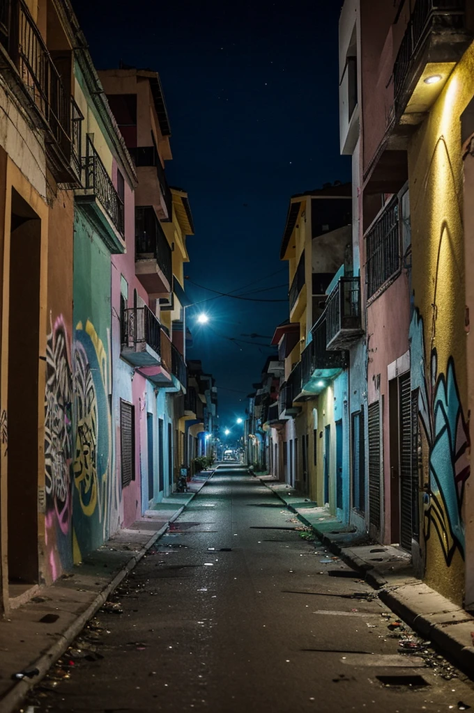 The street of a marginal neighborhood full of graffiti illuminated by the evening of the day, en donde se ven en la vereda fotos de personas fallecidas junto a veladoras prendidas