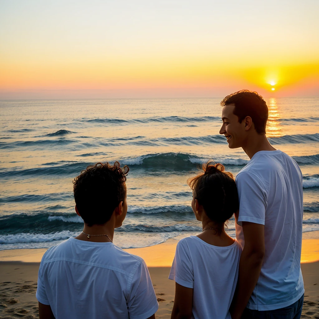 Generated a girl and boy looking at the sunset of the sun and the ocean with a calm face and a slight smile The two people looking at the horizon 