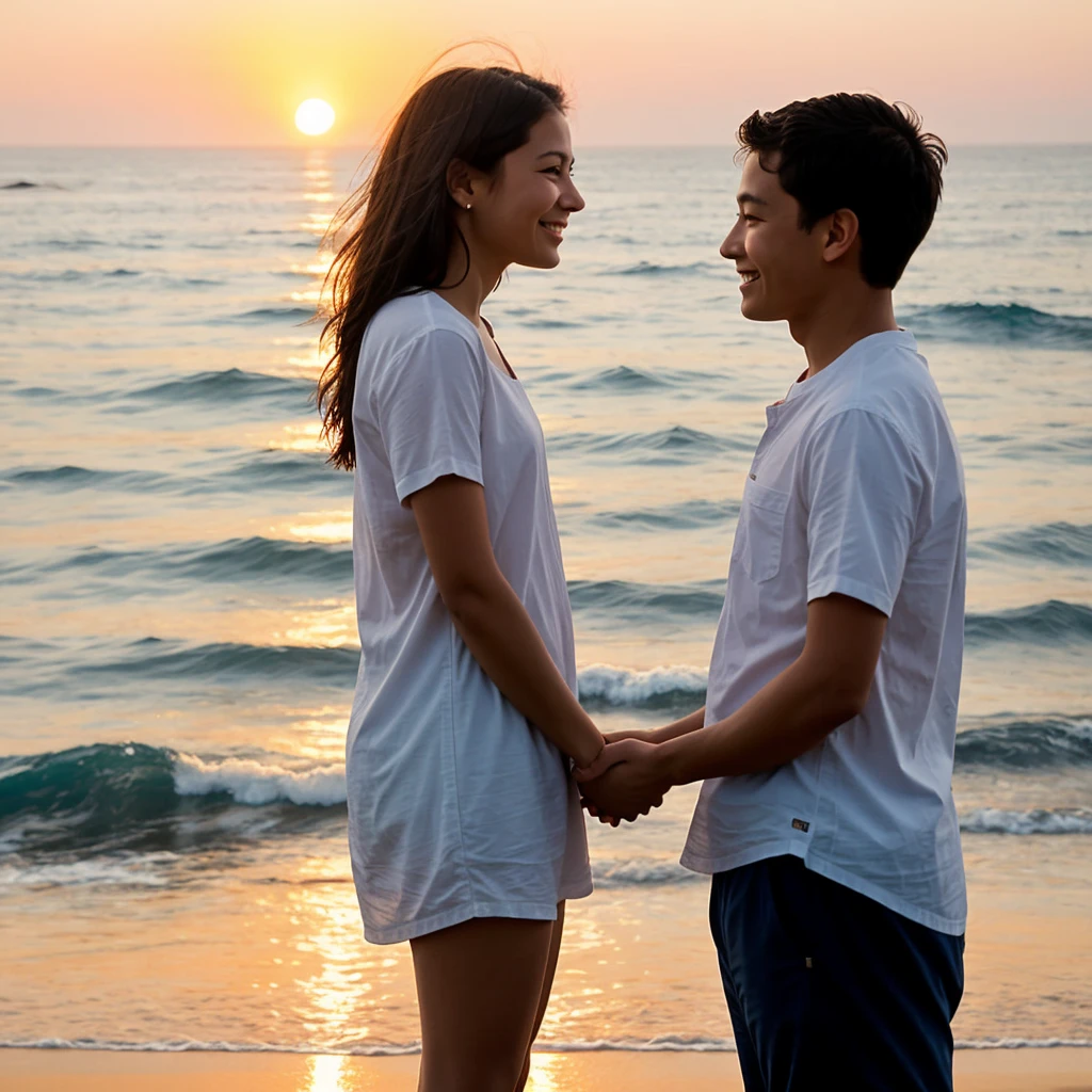 Generated a girl and boy looking at the sunset of the sun and the ocean with a calm face and a slight smile The two people looking at the horizon