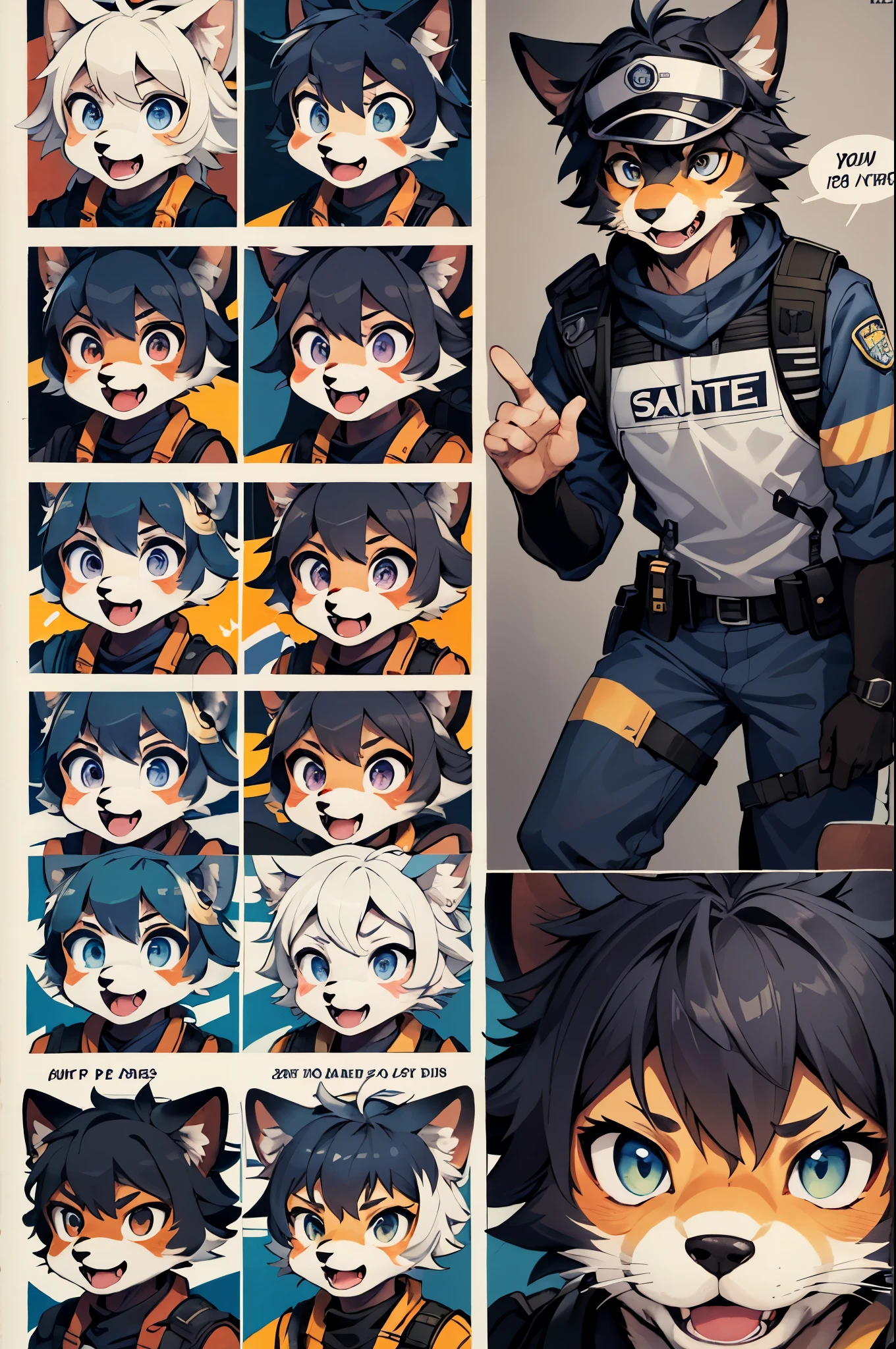 top quality, best quality, highres, masterpiece, super high resolution, detailed background, street, gasping for air(super handsome boys, dog)police officer, swat, police uniform, 6+boys, 6+girls, absurdres(highly detailed beautiful face and eyes)perfect anatomy, good lighting, cinematic shadow(kemono, furry anthro)assorted expressions, assorted poses, assorted angles, full body, upper shot, dynamic angle(boys comic-like panel layouts, speech balloon, English text, Hand-drawn sound effects stickers used in battle comic),