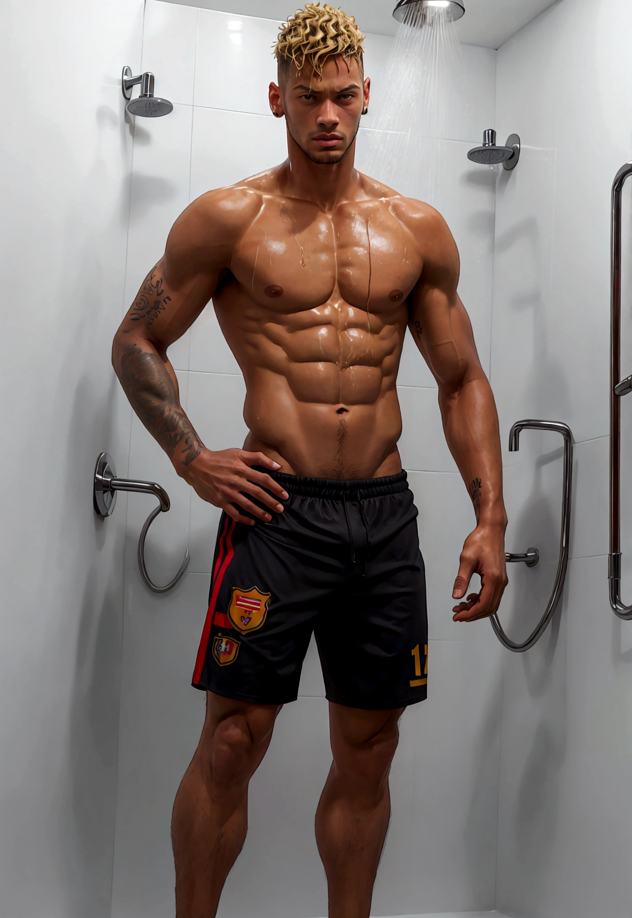 A tall boy, 1.70 metres tall, very similar to the footballer Neymar Jr, brunette with a close shave, hair dyed blonde, Mohican-style cut, slim with defined muscles, similar to those of a professional footballer, inside a changing room, showering in shorts, full image from head to toe, 8k high definition cartoon, transparent background,