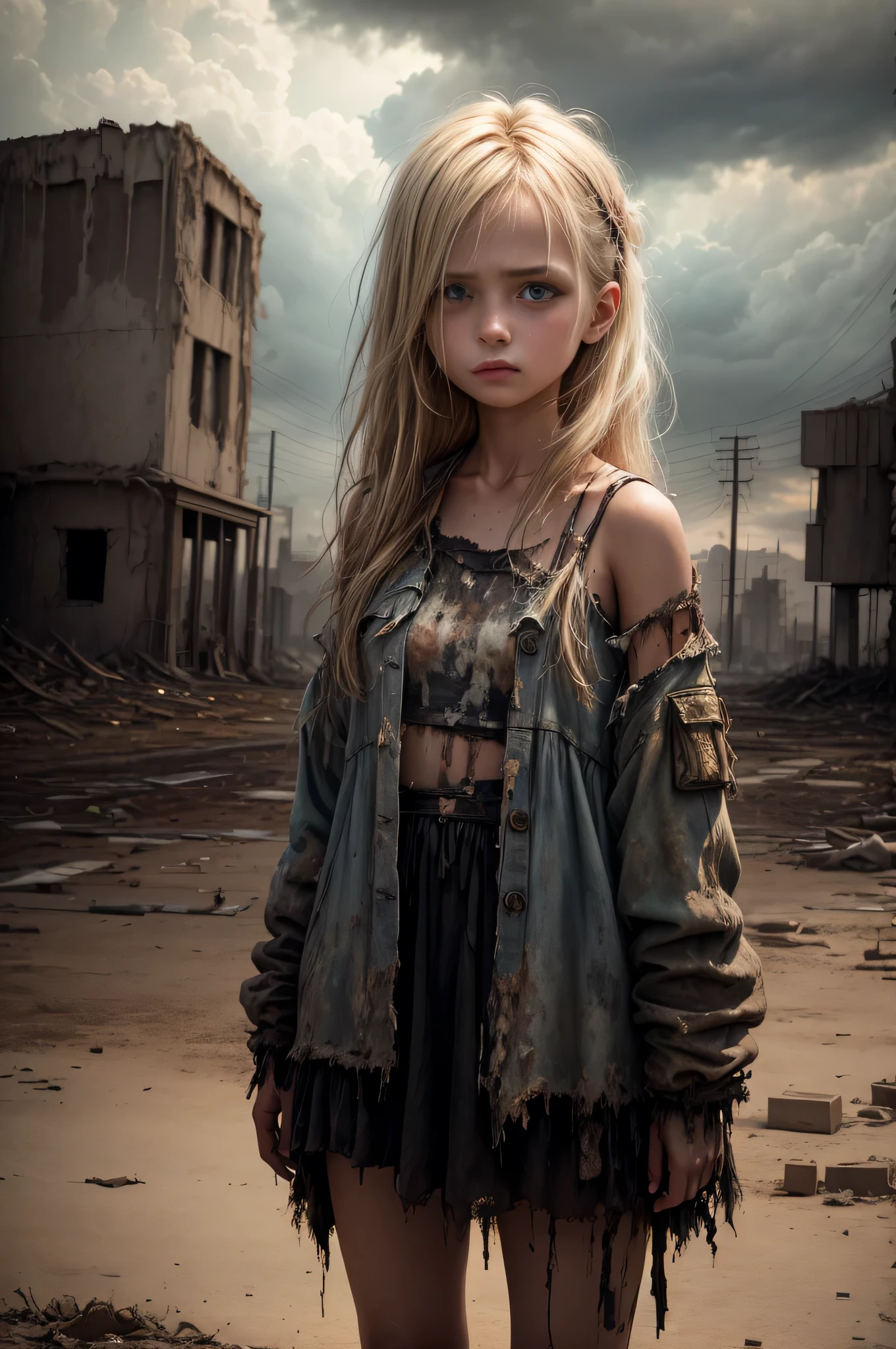 "Oil painting, 
((resilient)) girl standing amidst nuclear wasteland ruins, delicate flowers emerging from the desolation, ominous clouds casting shadows, 
((haunting beauty)), post-apocalyptic masterpiece".
young girl, tattered rags of clothes, short dirty blonde hair, desperate sad expression. 
low key lighting, moody, gritty, edgy