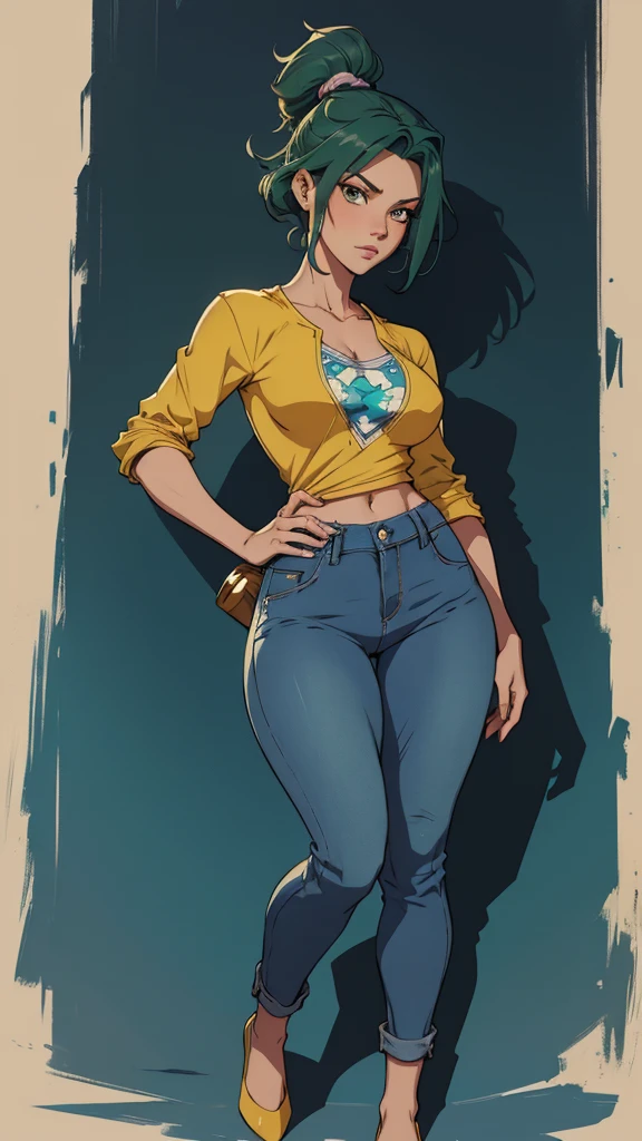 um desenho de uma mulher com uma fantasia verde e amarela, garota de anime desonesta, artgerm e lois van baarle, full body portrait of jeans cinza, Steven Artgerm Lau, desenhado no estilo de artgerm, fanart de alta qualidade, jeans cinza, High quality color sketch, linda garota vestindo terno regata, portrait of jeans cinza, girl of the zodiac knights