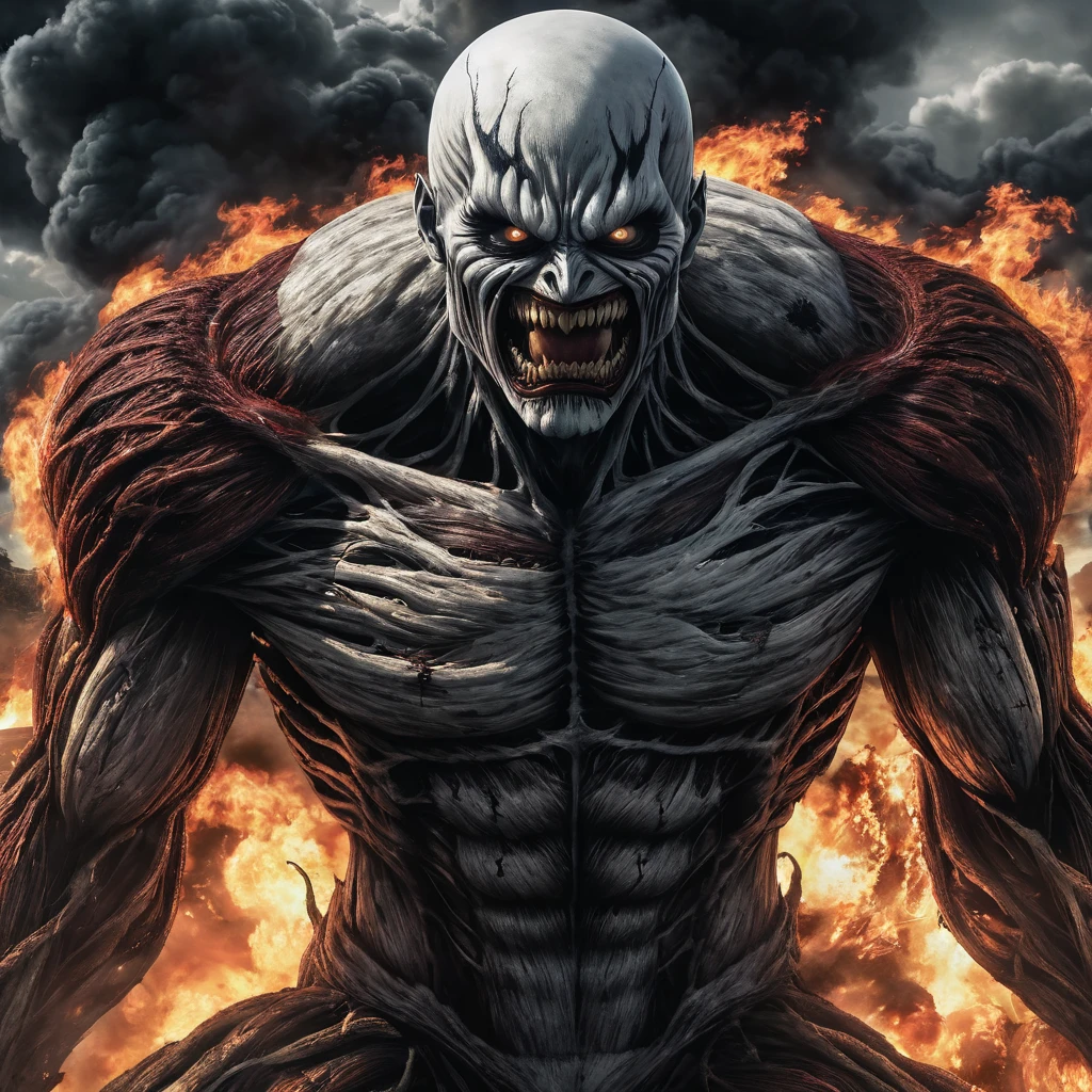 A photorealistic portrait of the Attack on Titan anime ending, featuring shinigami Ryuk in his Titan form battling the colossal Titan. Ryuk of death note as a titan, The portrait captures every detail of the scene, from the expressions on the characters' faces to the smoke and fire in the background. (masterpiece:1.2) (illustration:1.2) (best quality) (detailed) (intricate) (8k) (HDR) (wallpaper) (cinematic lighting) (sharp focus)