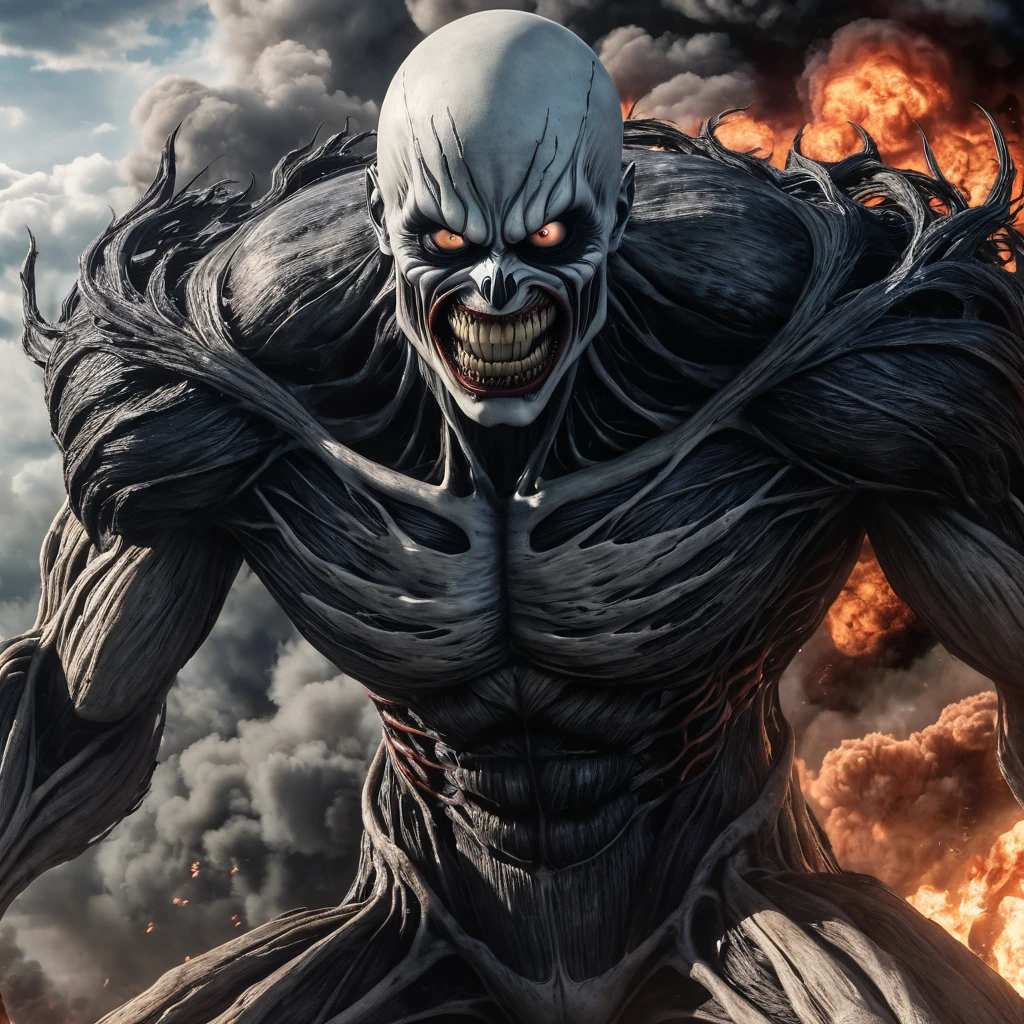 A photorealistic portrait of the Attack on Titan anime ending, featuring shinigami Ryuk in his Titan form battling the colossal Titan. Ryuk of death note as a titan, The portrait captures every detail of the scene, from the expressions on the characters' faces to the smoke and fire in the background. (masterpiece:1.2) (illustration:1.2) (best quality) (detailed) (intricate) (8k) (HDR) (wallpaper) (cinematic lighting) (sharp focus)
