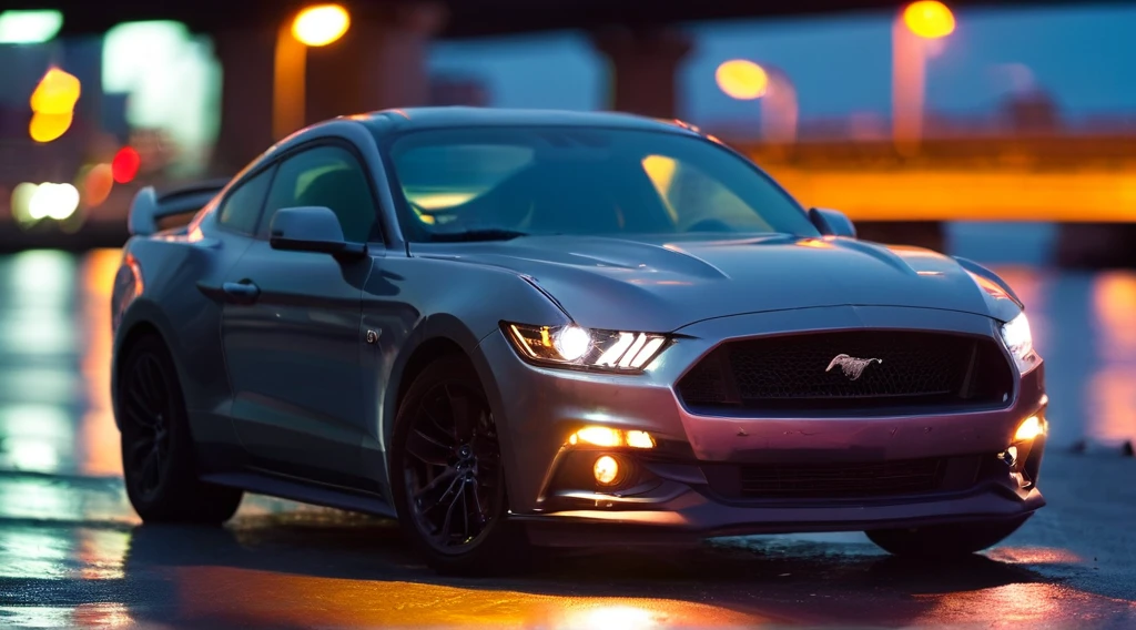 Mustang gt500, slate gray, parked beneath a city bridge at sunset, bridge lights casting kaleidoscopic hues, car gleaming, reflecting the myriad of colors, shot with a Canon mirrorless camera at 200mm focal length, focus on the sleek curves of the automobile, background blurred into a bokeh of urban twilight, high-quality photo, glossy finish, cinem