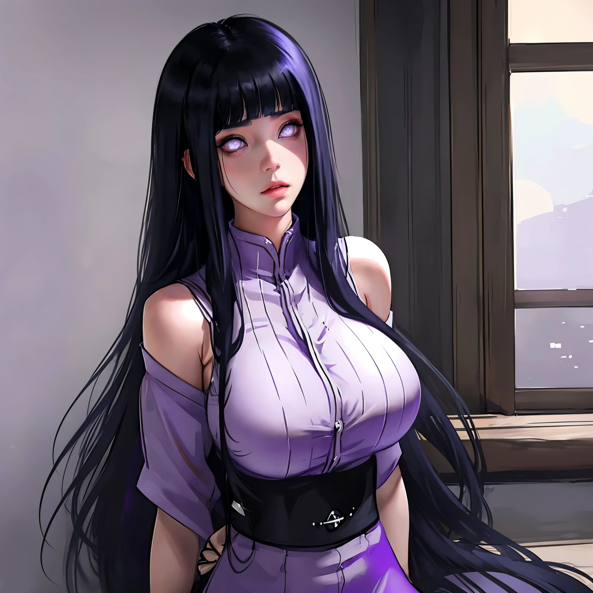 Hinata Hyuga, the last, shy girl, long black hair, blunt bangs, dark hair, Voluminous hair, lavender eyes, no pupils, Lavender Sleeveless Blouse, big breasts, slim waist, masterpiece, best quality, Professional, realistic.