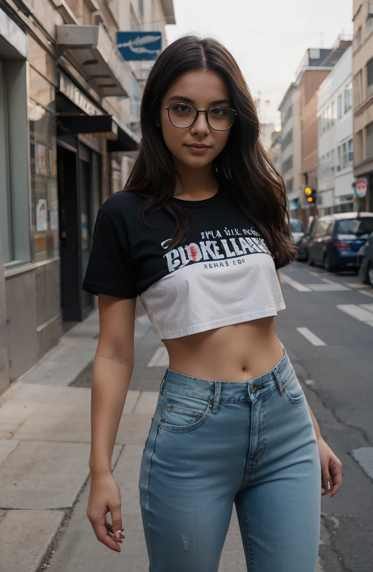 A cute girl wearing glasses and crop top shirt, having orgasmic on the top of building, can't hold anymore, closed eyes