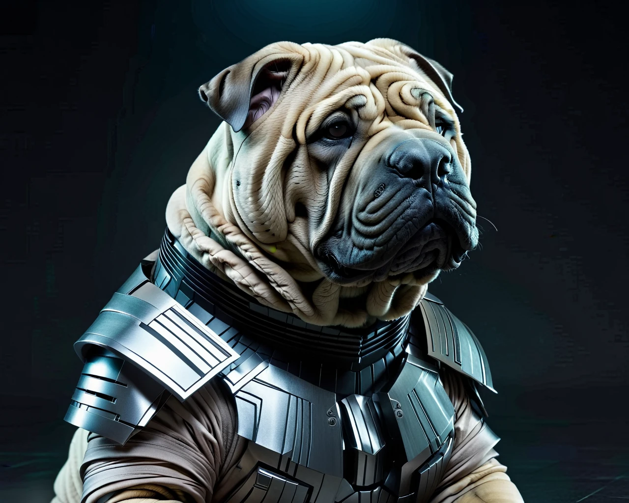 mandaloriandark cyberpunk illustration of brutal Young Shar Pei of Opulence, in a world without hope, ruled by ruthless criminal corporations, best quality, high resolution, luxurious sharp focus, magical atmosphere, dynamic dramatic composition, beautiful, dynamic, complex artistic color composition, stunning