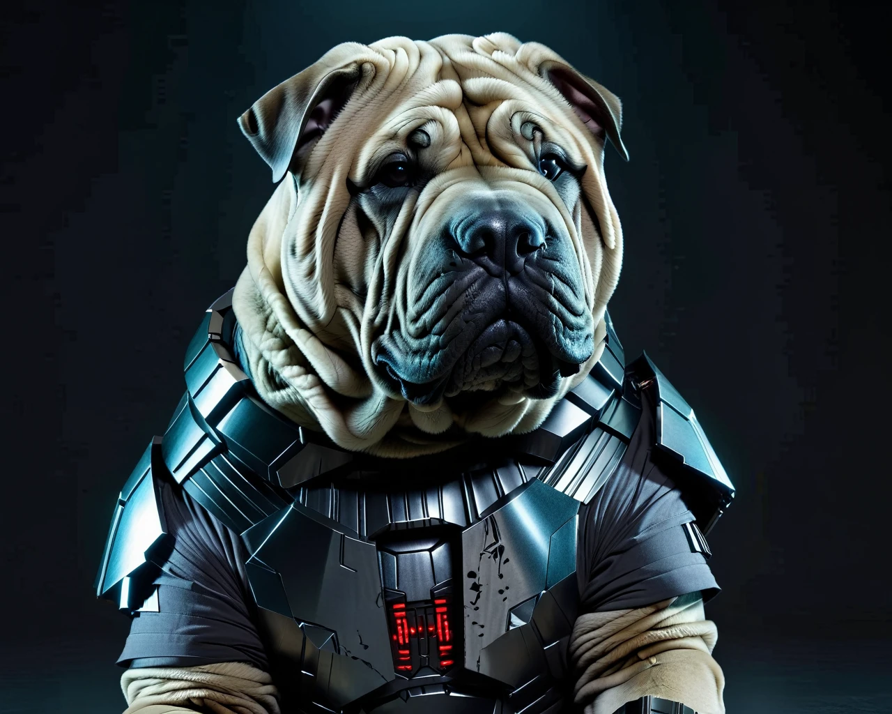 mandaloriandark cyberpunk illustration of brutal Young Shar Pei of Opulence, in a world without hope, ruled by ruthless criminal corporations, best quality, high resolution, luxurious sharp focus, magical atmosphere, dynamic dramatic composition, beautiful, dynamic, complex artistic color composition, stunning