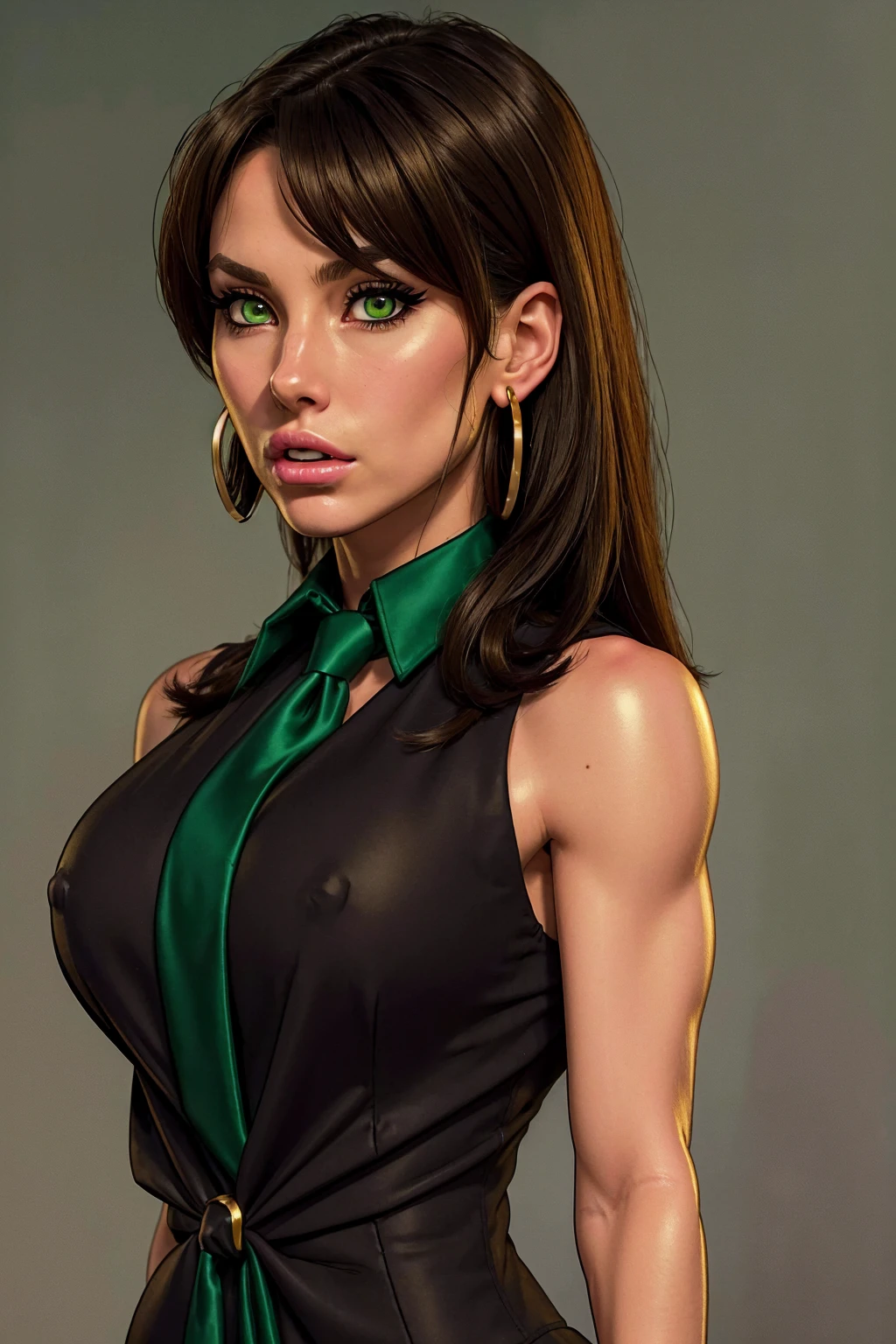 woman tie and term dark green colors, red tie, brown hair, small gold earring right ear, outlined black, anime, golden eyes, cold look, expression would bewoman tie and term dark green colors, red tie, brown hair, small gold earring right ear, outlined black, anime, golden eyes, cold look, expression would be