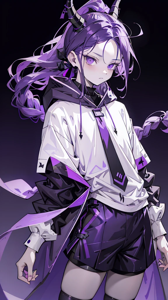 boy rabbit thoughtful look open forehead. dark purple hair braided into a ponytail on the left side. sinuous black horns wrapped in dark purple ribbon. pale violet eyes. in short dark purple shorts. long white T-shirt. dark purple knee-high socks. white long cloak with hood inside. stone walls purple light