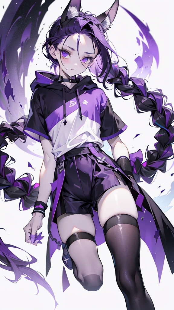 boy rabbit thoughtful look open forehead. dark purple hair braided into a ponytail on the left side. sinuous black horns wrapped in dark purple ribbon. pale violet eyes. in short dark purple shorts. long white T-shirt. dark purple knee-high socks. white long cloak with hood inside. stone walls purple light