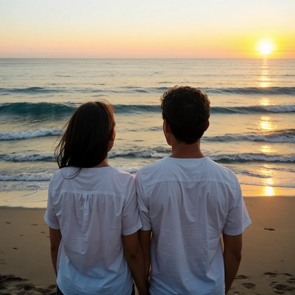 Generated a girl and boy looking at the sunset of the sun and the ocean with a calm face and a slight smile The two people looking at the horizon 