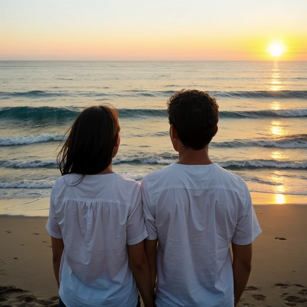 Generated a girl and boy looking at the sunset of the sun and the ocean with a calm face and a slight smile The two people looking at the horizon