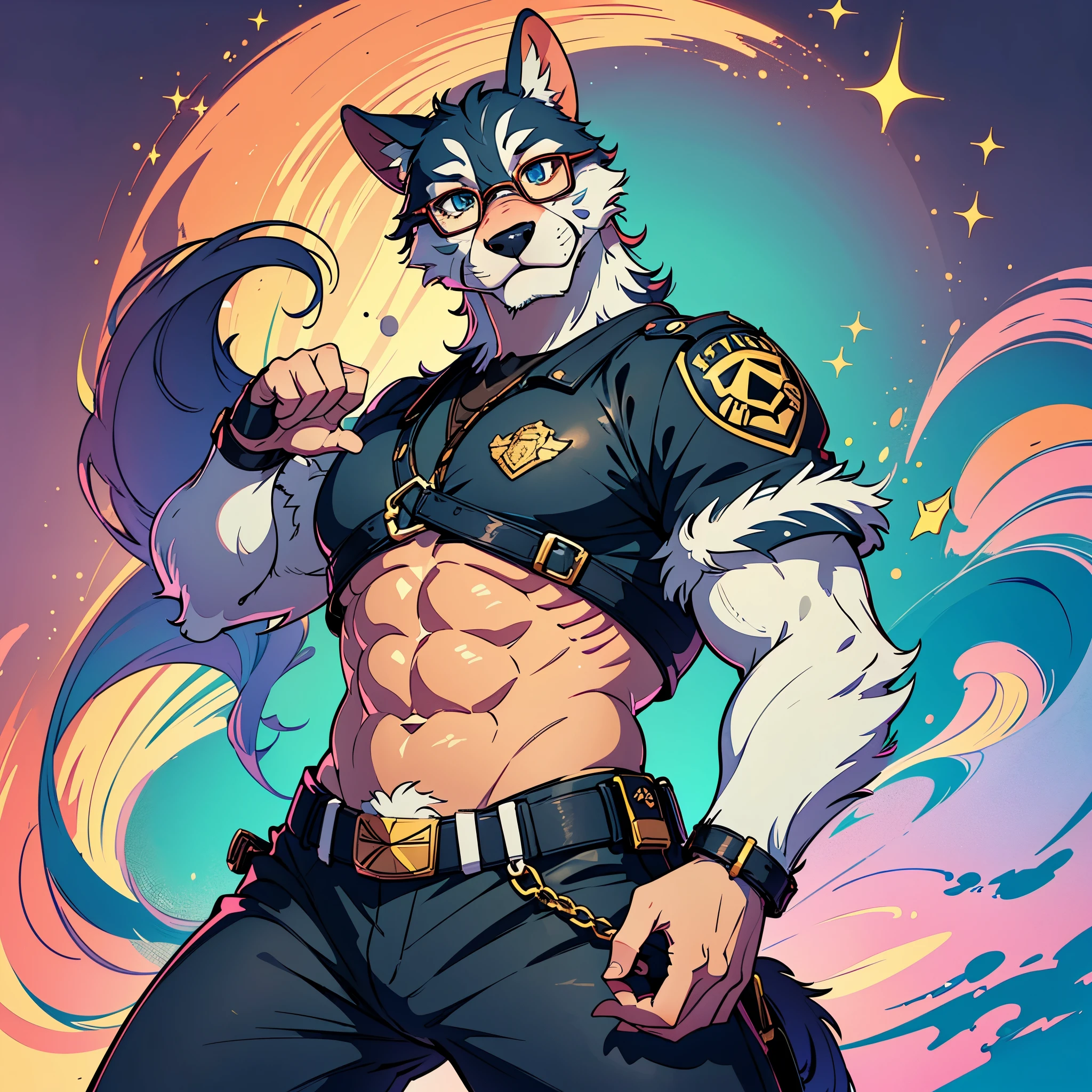 highres, paid reward available, unparalleled masterpiece, street(highly detailed beautiful face and eyes)absurdres, perfect anatomy, good lighting, volumetric lighting, cinematic shadow(angelic handsome 1boy, kemono, solo focus, single, muscle man, beard, dignified, Laugh wildly, glasses)(furry anthro:1.7)(Furry body, dog facial features, dog body features)(very detailed body fur)dynamic pose, ((police officer, black police uniform))muscle, facial hair, shirt,
