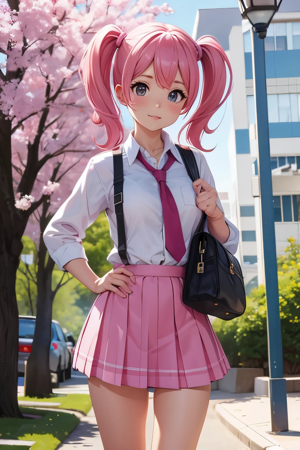 pink hair pig tail school girl wearing