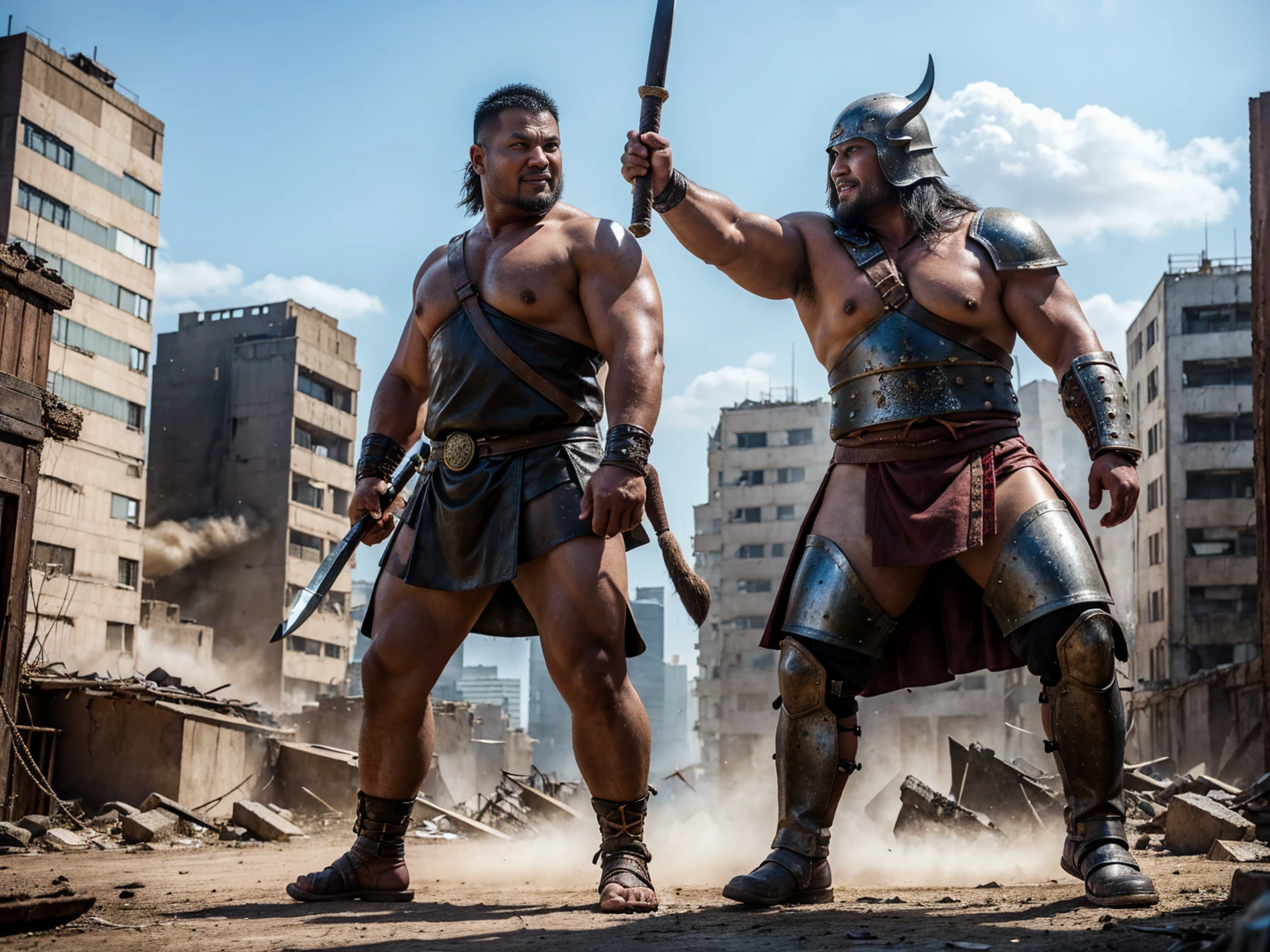 looking at us, Staring Intently, face focus, Bandit, Fat ferocious barbarian:2, This barbarian is a robust stocky Japanese, smirking, lets out a yell, mid combat, intense battle scene, leather and iron armor, armored short skirt, holding a Viking War Axes, viking helmet, legs exposed from thighs to feet, fierce warriors, ancient battlefields, epic showdown, battleground background, breathtaking action, masterpiece, volumetric lighting, Dramatic, Uighur the Warden, breathtaking action, dynamic poses, bald, ((ultra sharp)), ((masterpiece)), ((best quality)), ((ultra detailed)), ((intricate details)), Inguinal region detailed, Dilapidated, destroyed city after big air raids, fire, A desolate, post-apocalyptic cityscape, A brutal scene, casting an ominous shadow,