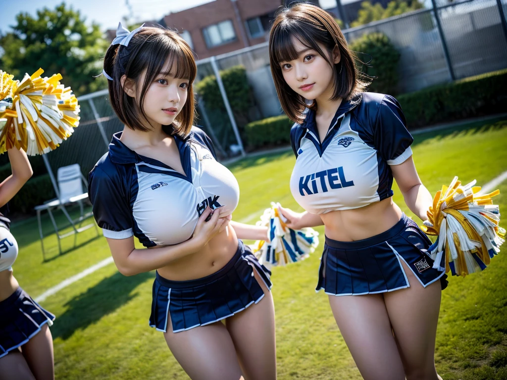 (RAW photo, 4k, masterpiece, high resolution, extremely complex) (realistic: 1.4), cinematic lighting
((2 girls, 2 schoolgirls)),blushing,((innocent)),bright eyes,round eyes,blunt bangs,(short bob hair:1.3),black hair,large breasts,wide hips,Summer Noon, ,Hot, (Best Quality), (Highres), (an Extremely Delicate and Beautiful),(Beautiful 8k face),(Brown eyes),( spectators),(gigantic breasts),(Play with each other,Touching each other's bodies,Touching the body),(cheer girl:1.5),(a miniskirt),(reality),bright lighting,(The background is a luxury hotel room)