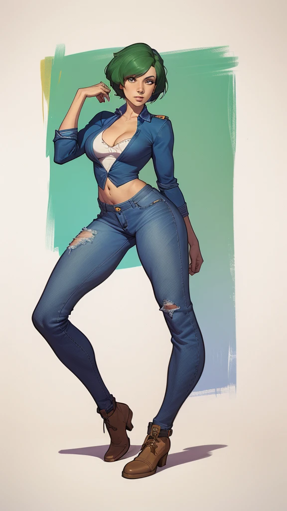 um desenho de uma mulher com uma fantasia verde e amarela, garota de anime desonesta, artgerm e lois van baarle, full body portrait of jeans cinza, Steven Artgerm Lau, desenhado no estilo de artgerm, fanart de alta qualidade, jeans cinza, High quality color sketch, linda garota vestindo terno regata, portrait of jeans cinza, girl of the zodiac knights