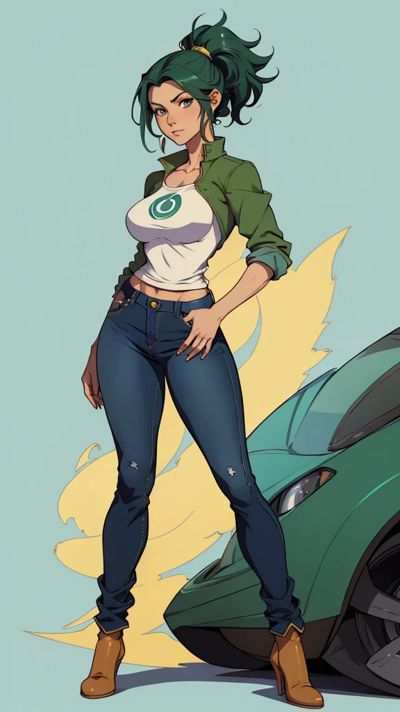 um desenho de uma mulher com uma fantasia verde e amarela, garota de anime desonesta, artgerm e lois van baarle, full body portrait of jeans cinza, Steven Artgerm Lau, desenhado no estilo de artgerm, fanart de alta qualidade, jeans cinza, High quality color sketch, linda garota vestindo terno regata, portrait of jeans cinza, girl of the zodiac knights