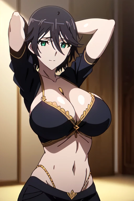 " ((All  arabian hot dancer visible)), (arms above head), (love room night day),(beautiful anime green specific eyes), (black short hair),(looking at viewer),(very huge tits),(masterpiece anime face ),(1girl),(realistic), (masterpiece eyes detailed) "