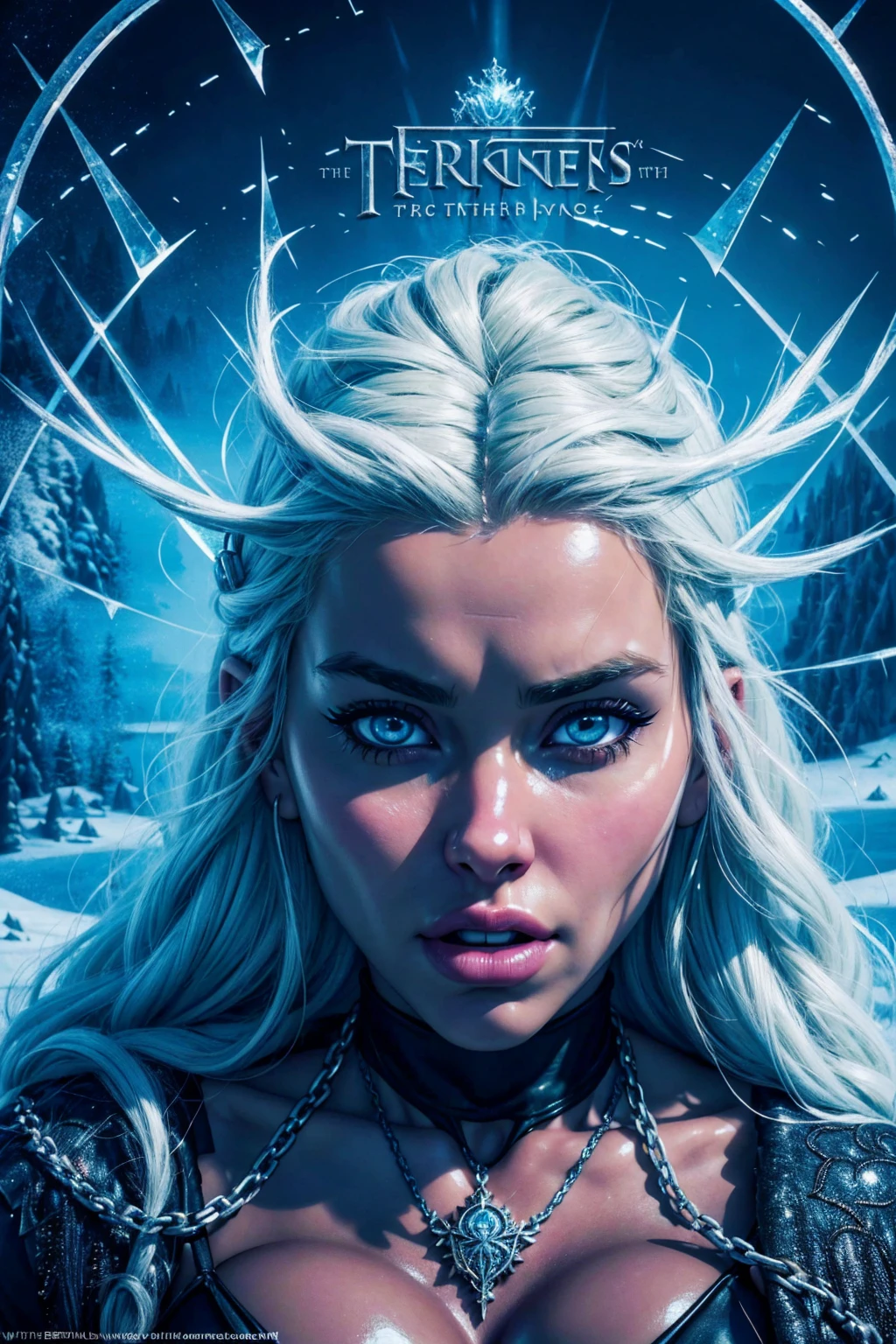 Hd wallpaper, glowing arcs and metalic light chains of  in frozen surface of the lake, top view photography in the style of cinematic poster and high clarity, in the style of game of thrones, unpleasant, horror, terrifying look, uhd, 8k resolution, balanced, high dynamic range color, strong highlight
