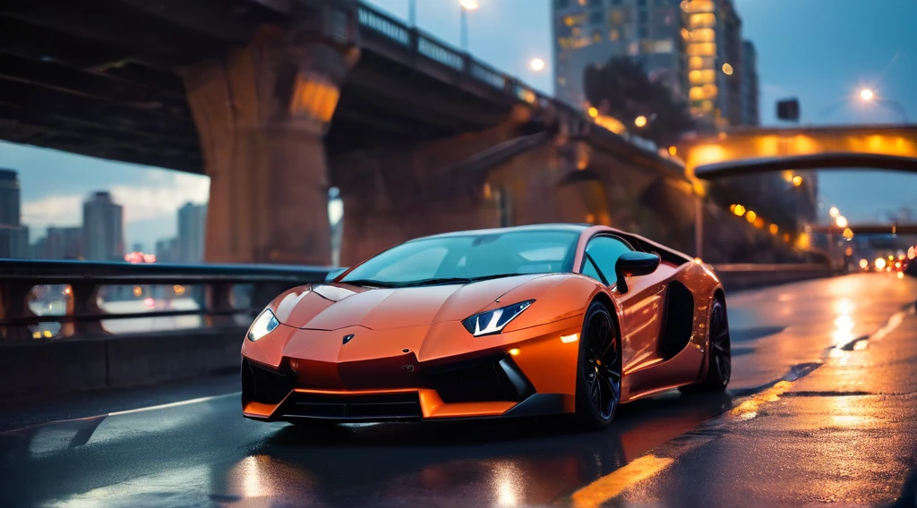 Lamborghini aventador slate gray, parked beneath a city bridge at sunset, bridge lights casting kaleidoscopic hues, car gleaming, reflecting the myriad of colors, shot with a Canon mirrorless camera at 200mm focal length, focus on the sleek curves of the automobile, background blurred into a bokeh of urban twilight, high-quality photo, glossy finish, cinem