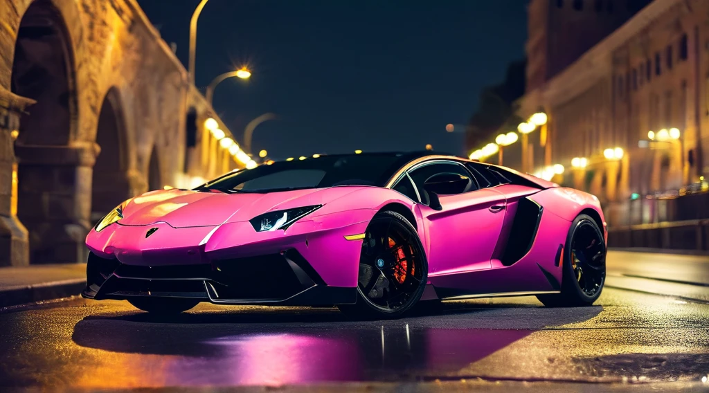 Lamborghini aventador slate gray, parked beneath a city bridge at sunset, bridge lights casting kaleidoscopic hues, car gleaming, reflecting the myriad of colors, shot with a Canon mirrorless camera at 200mm focal length, focus on the sleek curves of the automobile, background blurred into a bokeh of urban twilight, high-quality photo, glossy finish, cinem