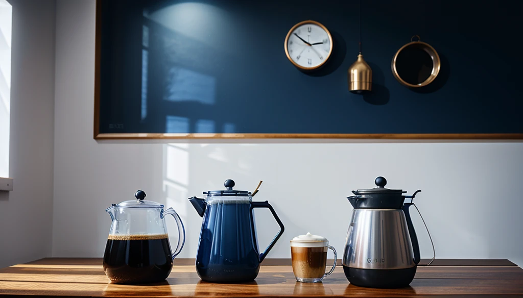 1 blue coffee pot and 1 cup of coffee in the foreground, meeting room background with dark blue wall, obra de arte, 8k, high resolution.